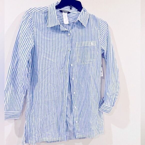 LAUREN Ralph Camp Shirt swim cover up Striped Cotton Button Down Top Blue MD - Picture 11 of 14